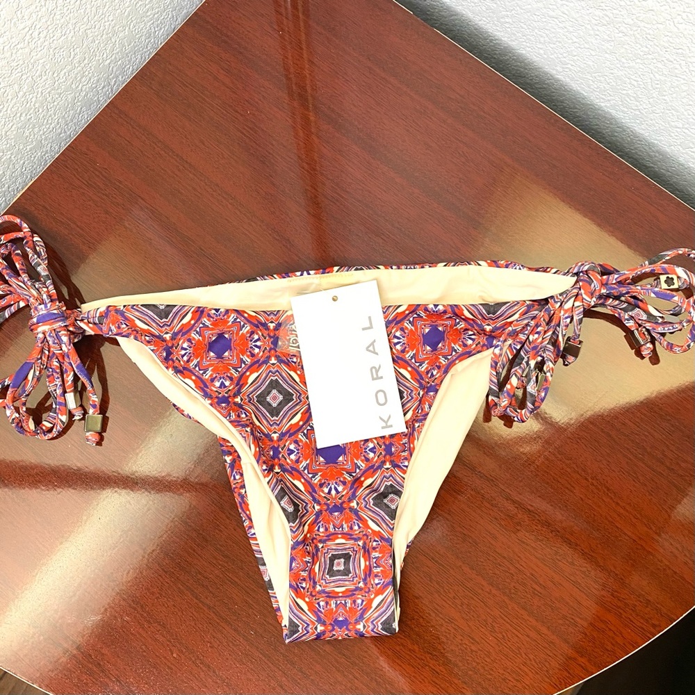 Koral Bikini Bottom Tie Sides Sz. S - Red/Purple Square Pattern
